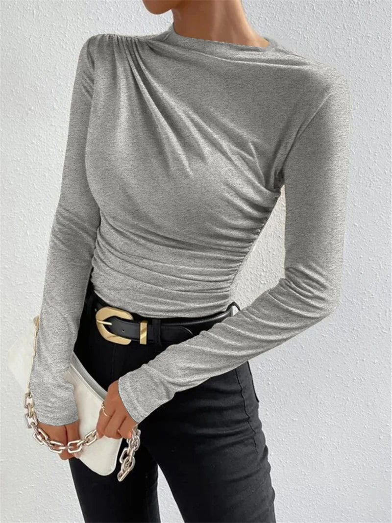 Fashion Solid Color Slim Fit T Shirt Women Trendy All-match Folds Long Sleeve T Shirts Ladies Tops Streetwear 2024 Spring New.