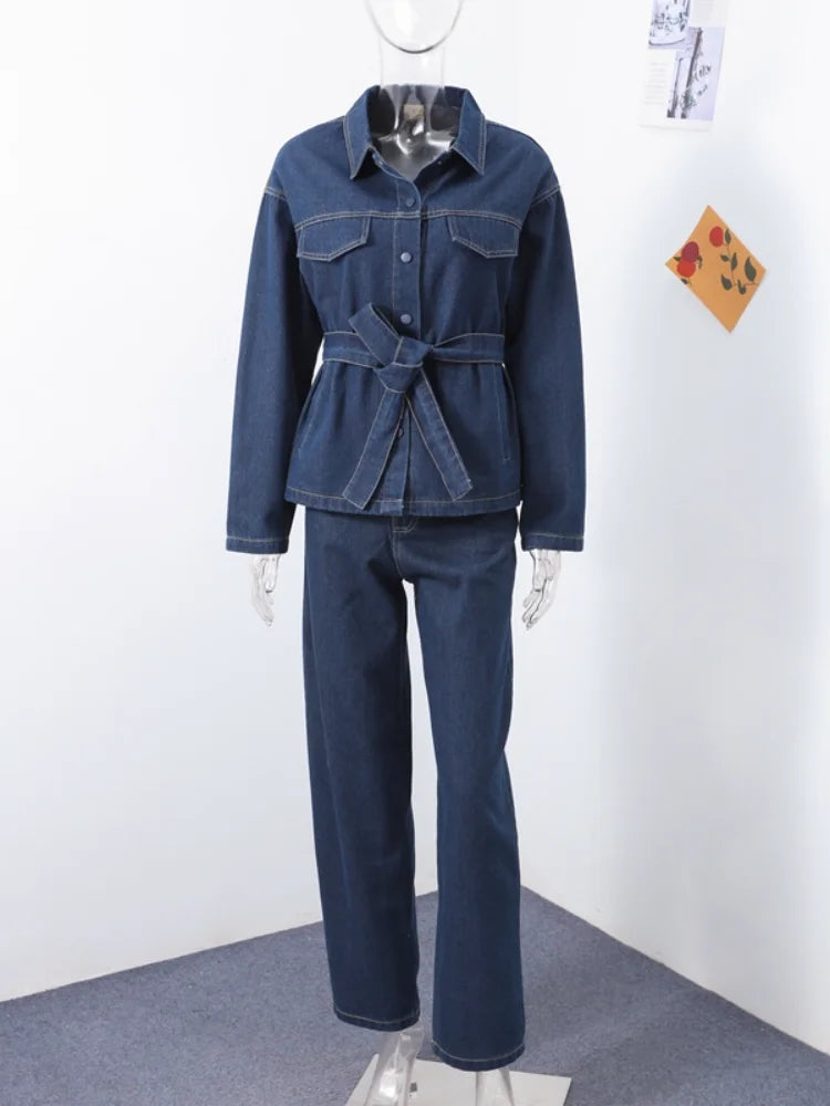 Retro Classic Denim Jacket Pants 2pcs Set Strap Coat Women Straight Leg Pants Autumn Stylish Women's Casual Suit.