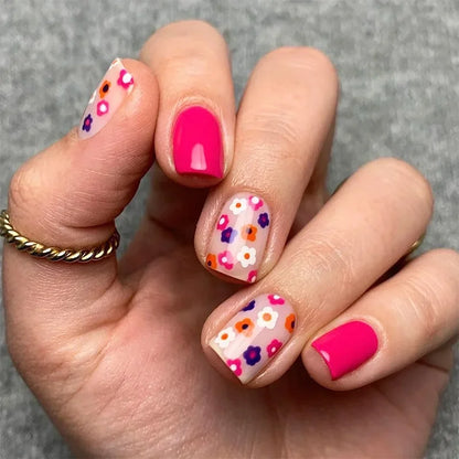 24pcs/box Glossy Short Square Fake Nails Colorful French Tip Press On Nails Flower Pattern Spring Summer False Nails For Women.