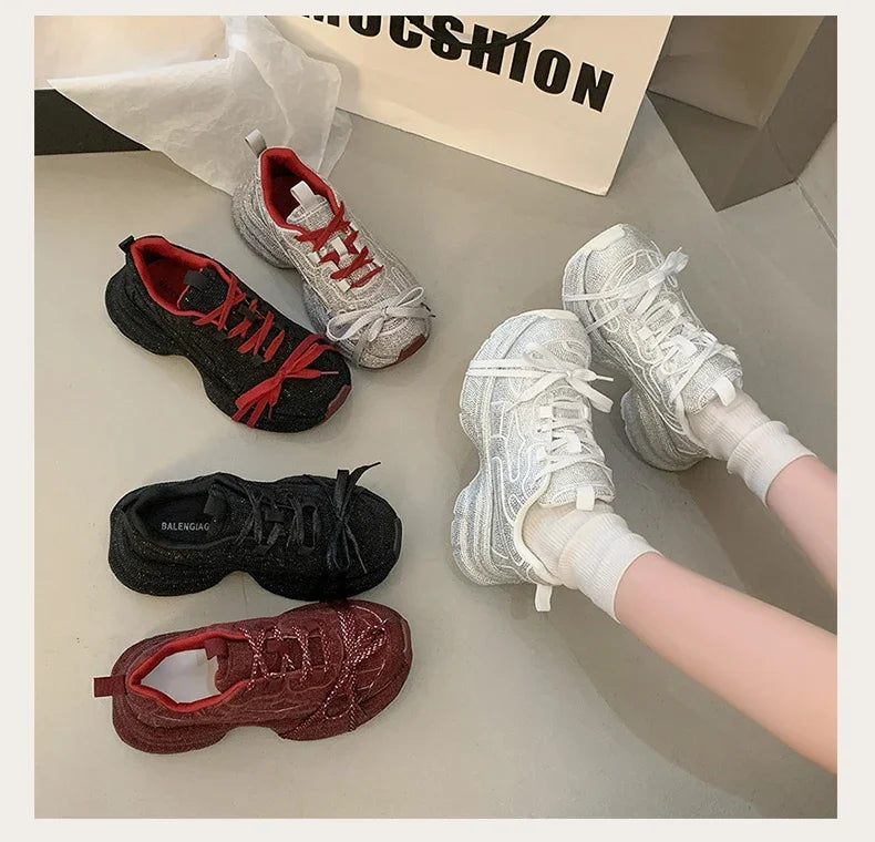 Top Quality Sneakers Women Skate Shoes Rhinestone Women Loafers Platform Fashion Shiny Women's Casual Shoes Crystal Sneaker