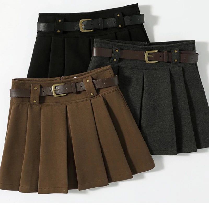 Preppy Style Coffee Woolen Skirt for Women Autumn Winter 2025 Chic High-waisted Mini Skirt Female Korean Thick Outwear Faldas.