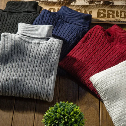 New Men's Turtleneck Sweaters Autumn Knitted Striped Streetwear Warm Long Sleeved Pullover Solid Color Basic Style Casual Tops.