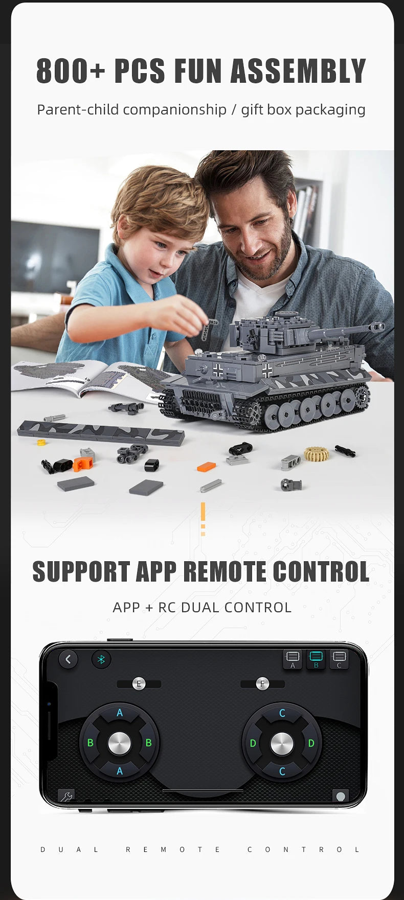 Mould King 20014 Military Toys The APP&RC Motorized Tiger Tank Model Assembly Technical Car Building Block Kids Christmas Gifts.