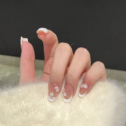 10Pcs White French Handmade Press on Nails Flower Pattern Fake Nails Wearable Stick-on Nails False Nail 네일팁 Накладные Ногти Uñas.