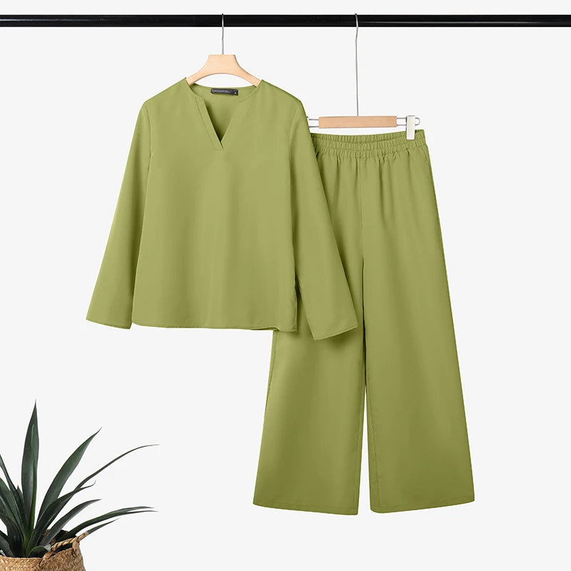 2025 ZANZEA Stylish Autumn 2 Piece Sets Women Outfit Casual V Neck Long Sleeve Tops Pant Set Solid Loose Work Tracksuit Oversize