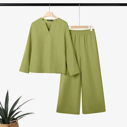2025 ZANZEA Stylish Autumn 2 Piece Sets Women Outfit Casual V Neck Long Sleeve Tops Pant Set Solid Loose Work Tracksuit Oversize