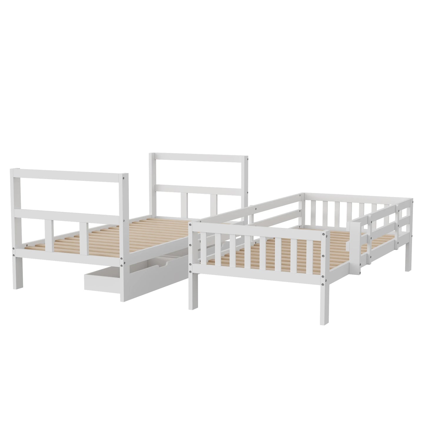 Rosahqnda Massivholz-Bettgestell 90 x 200 cm, Kinderbett mit Schubladen und Kopfteil für Bücher, Einzelzimmer, Weiß