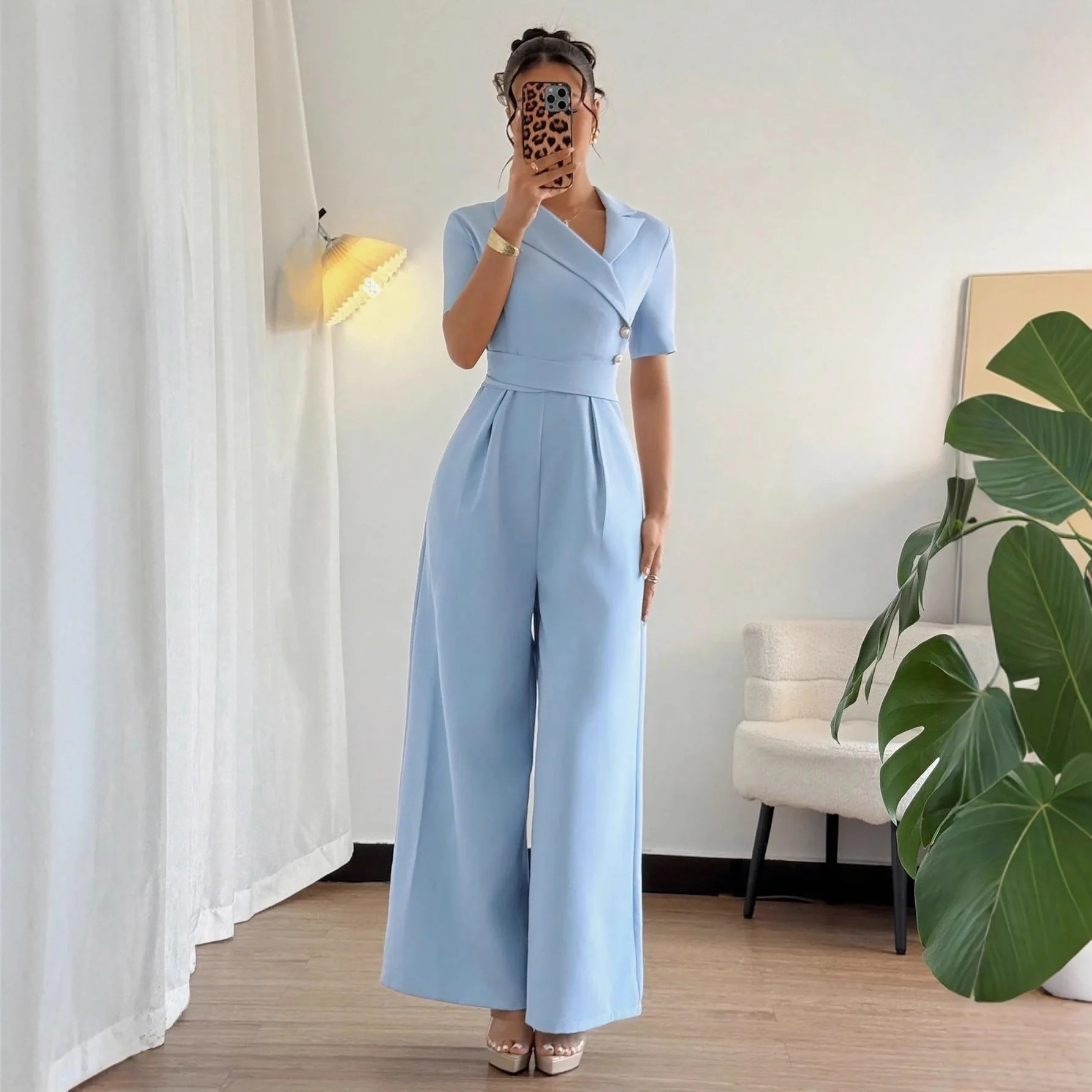 Elegant Blue Wrap Waist Belted Slim Fit Jumpsuit for Women Spring Summer Commute Style Polyester Fabric Three Quarter Sleeve.