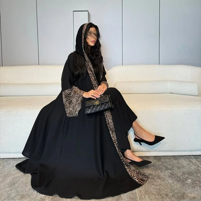 Eid Women Muslim Abaya Leopard Cardigan with Scarf Dress 2025 Vestidos Largos Caftan Robe Jalabiya Ramadan Morocco Dubai Kaftan.