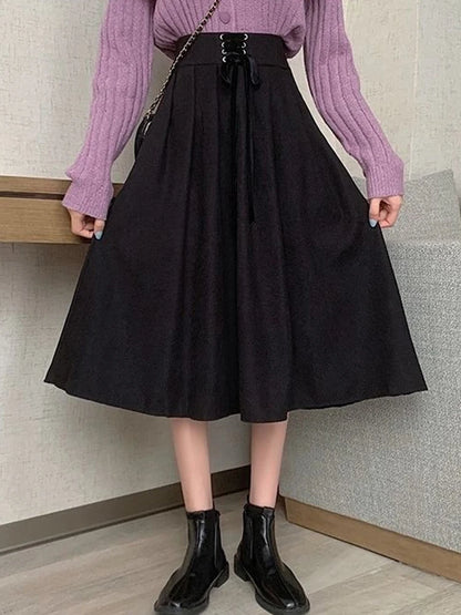 Preppy Style Vintage Long Skirts Women High Waist Sweet Loose A Line Skirt Lace Up Retro Fall Winter Female Elegant Long Skirts.