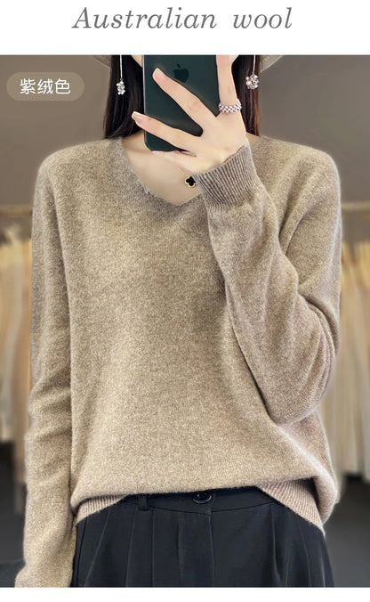 Women 100% Merino Wool Sweater V-Neck Basic Pullover Autumn Winter Cashmere Clothing Long Sleeve Soft Knitwear Tops Solid Color