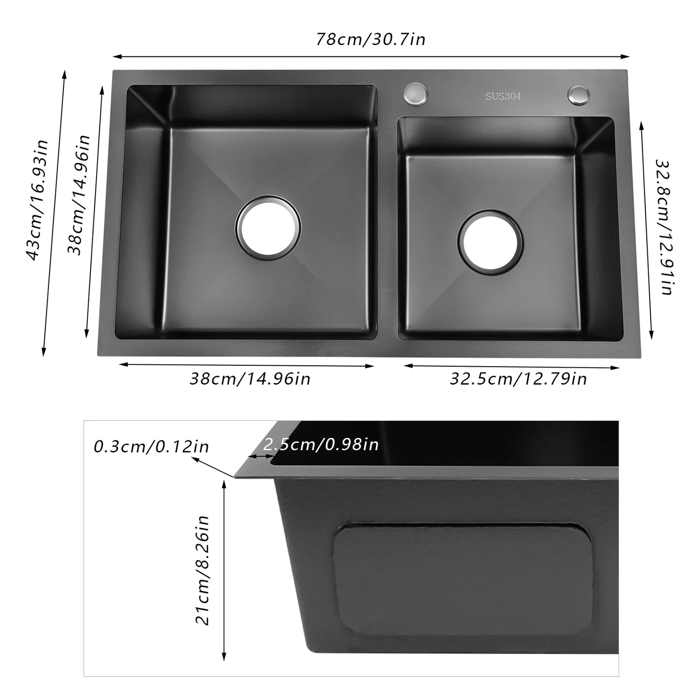 Schwarzer Wassertank, spritzwassergeschützt, schwarzes King Kong-Doppelwaschbecken, langlebig, mit Start- und Seifenspender