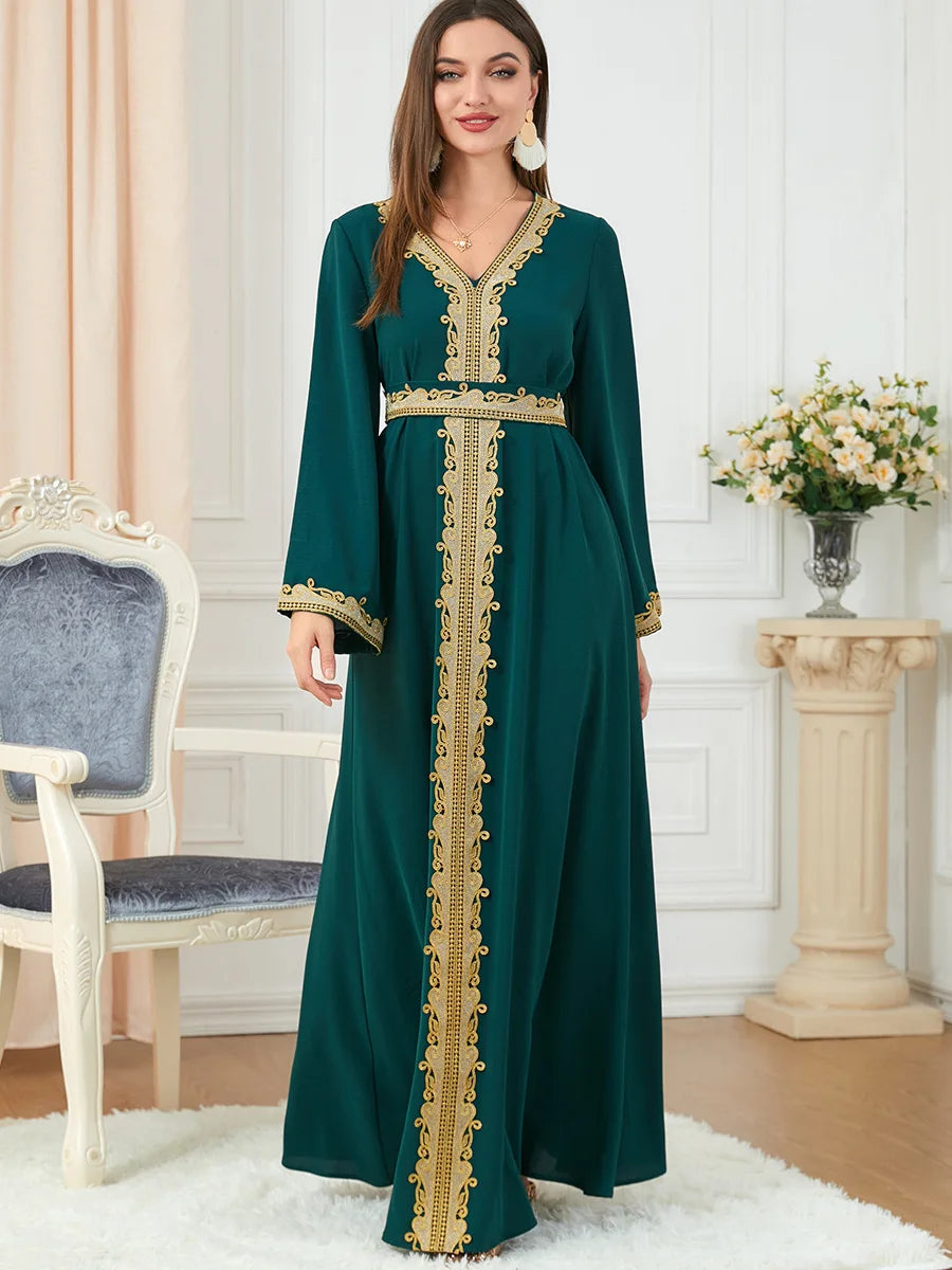 Muslimische Damenbekleidung, reine Farbe, Spleißen, Basic, lockerer, bestickter langer Rock, langärmeliges Kleid.
