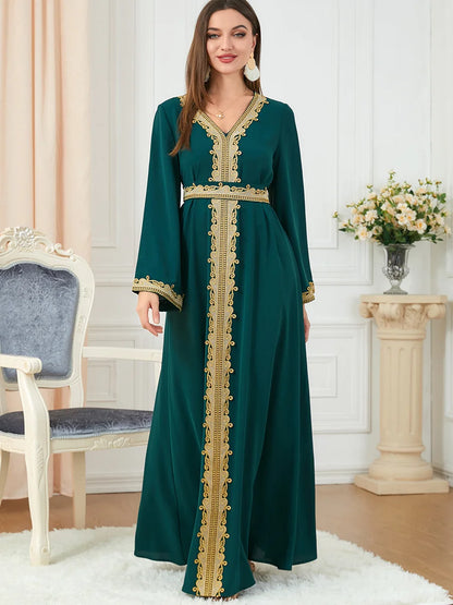 Muslimische Damenbekleidung, reine Farbe, Spleißen, Basic, lockerer, bestickter langer Rock, langärmeliges Kleid.