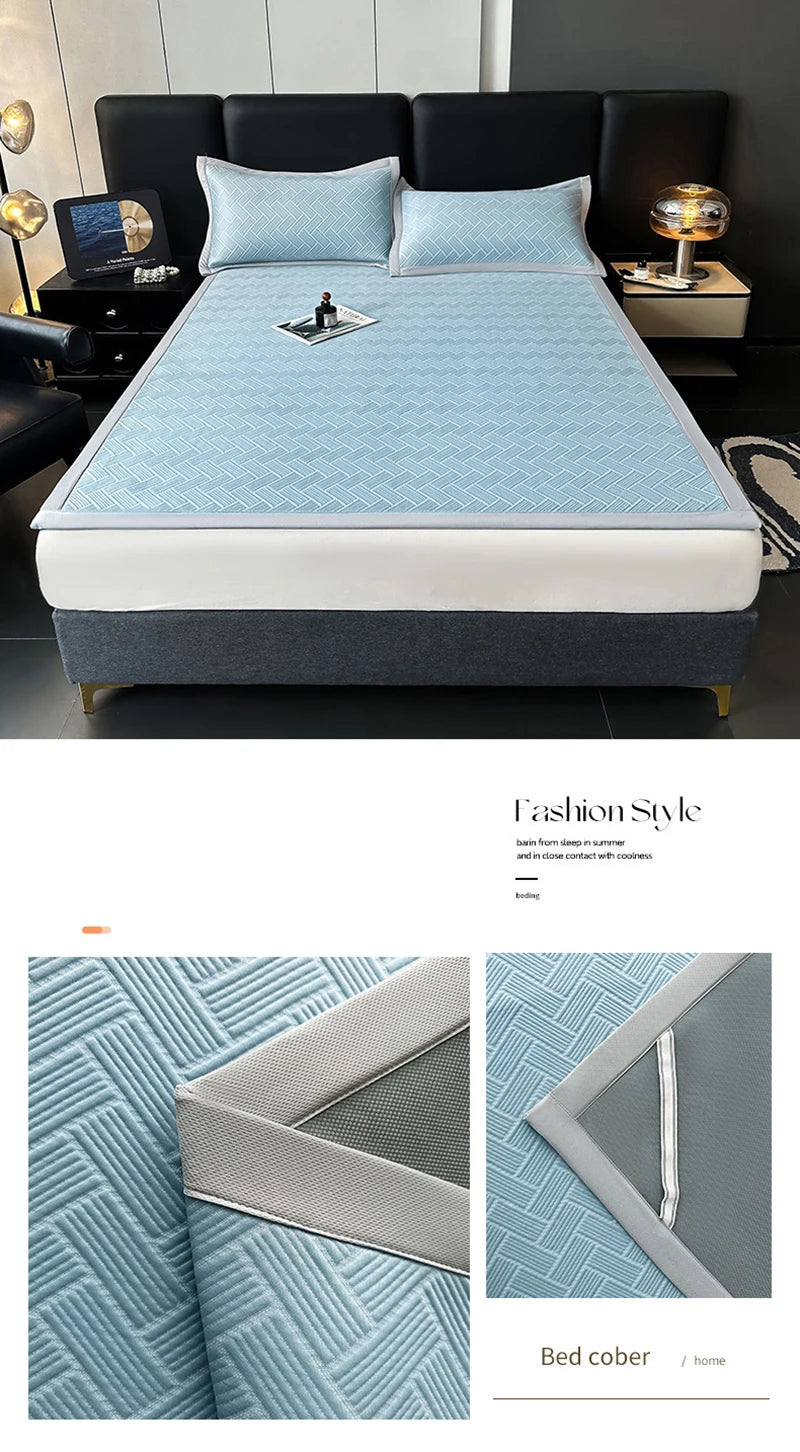 Luxury Summer Carbon Cooling Mat Set Solid Color Queen King Size Bed Mattress and Pillow Case Machine Washable Soft Folding Mat.