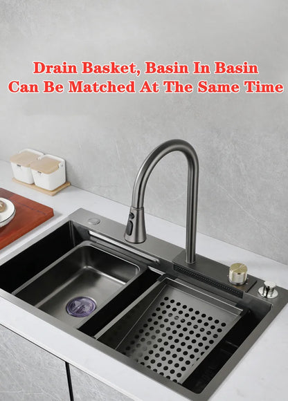 Wasserfall-Küchenspüle aus Edelstahl 304, Zughahn, Einzelschlitz, Hochdruckbecher, Waschmaschine, Café, Weinbar, Waschbecken