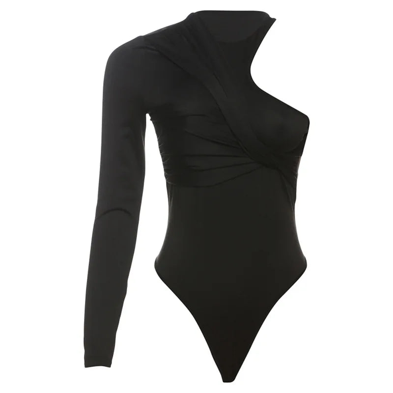 Autumn 2025 Long Sleeve Pullover New Fashion Sexy Spice Girls Crew Neck Single Rotator Sleeve Pleated Slim Bodysuit Women