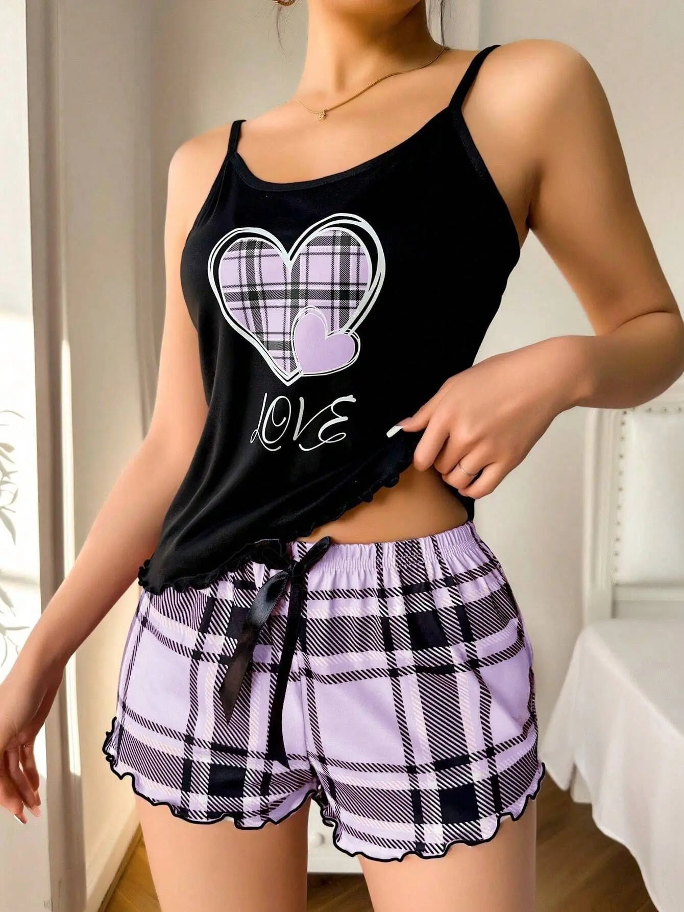 Frauen Sexy Hosenträger Shorts Dünne Pyjamas Brief Drucken Plaid Shorts Große Pyjamas Romantische Hause Tragen Sexy Nachtwäsche Kurze Pyjama