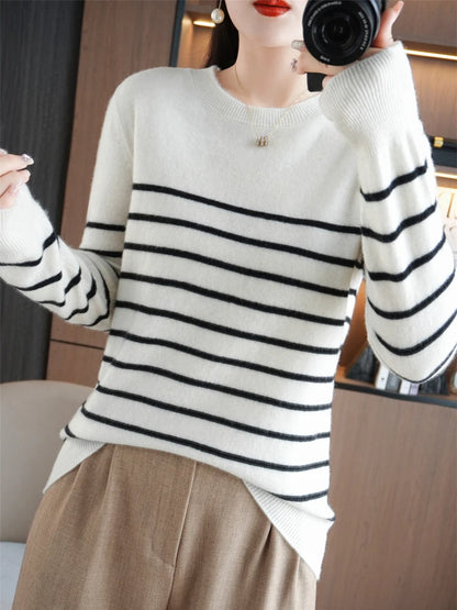 Herbst Winter neue Frauen O-Ausschnitt Farbe Streifen Pullover Wolle Mischung Mode weichen warmen Pullover Kaschmir lose lässig Strick Base Top