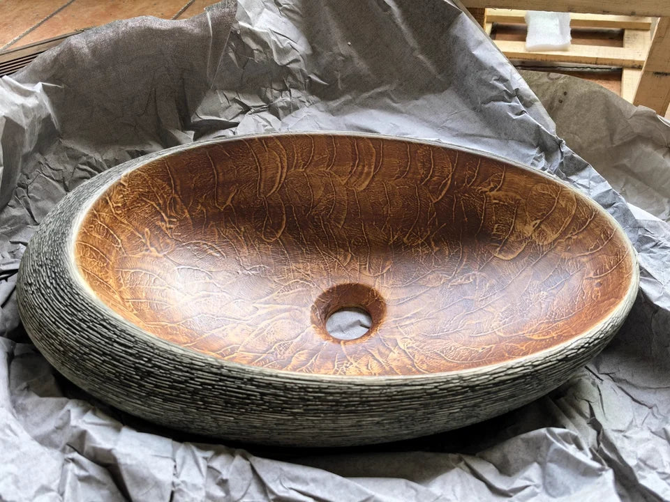 JIENI Art Keramik-Badezimmer-Waschbecken-Set, ovales Waschbecken, antikes Messing, Bambus-Wasserhahn, Pop-Up-Abfluss-Kombination, hochwertige Waschbecken aus Porzellan