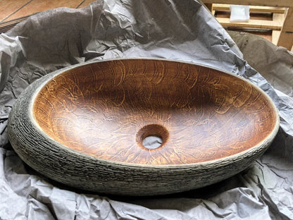 JIENI Art Keramik-Badezimmer-Waschbecken-Set, ovales Waschbecken, antikes Messing, Bambus-Wasserhahn, Pop-Up-Abfluss-Kombination, hochwertige Waschbecken aus Porzellan