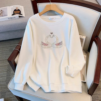 175 kg Übergröße Damen Büste 170 Herbst Lose Rundhals Langarm Diamant Schwan Sweatshirt Schwarz Weiß 5XL 6XL 7XL 8XL 9XL