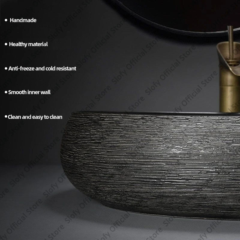 Retro-Kunst-Keramikwaschbecken, mehrere Stile, schwarzes Waschbecken, Einzelschüssel, Low-Key-Luxus-Aufsatzwaschbecken für Haushalt, Hotel, Badezimmer