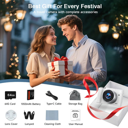 5K 64MP WiFi Digital Camera, 6X Optical Zoom, 30FPS Vlogging Camera, Rear & Front Cameras for Photography and Video, 64GB Card.