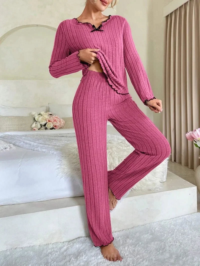 Women Autumn Winter Sleepwear Ribbed Pajamas Set Long Sleeve Top and Long Pants 2 Piece Set Casual Homewear Loungewear.