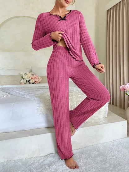 Women Autumn Winter Sleepwear Ribbed Pajamas Set Long Sleeve Top and Long Pants 2 Piece Set Casual Homewear Loungewear.