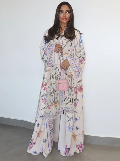Muslim Women Dubai Abaya Luxury Floral Print Kimono Cardigan Hijab Long Dress Kaftan Ramadan Robe Femme Islam Clothing Kebaya.