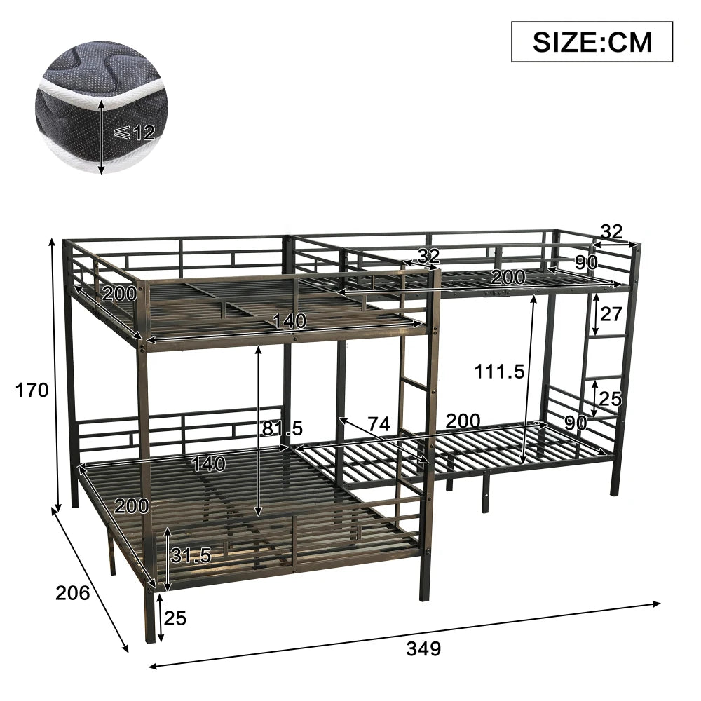 Eisenbett, Etagenbett, dreistufige Leiter, stabiles Gitter, Mehrbettkonfiguration, Betten in verschiedenen Größen, 90 x 200 cm und 140 x 200 cm