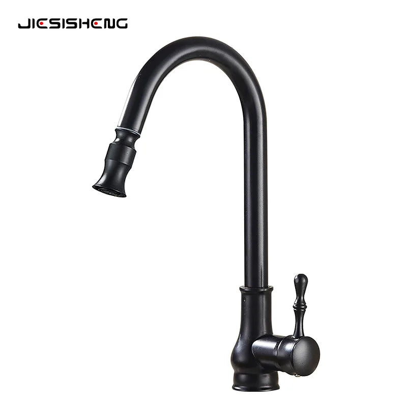 Antique Brass Kitchen Faucet Pull Out Spout Kitchen Faucets Black Single Hole Swivel Hot Cold Water Kitchen Mixers Taps