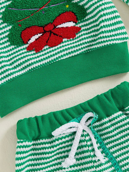 Weihnachts-Baby-Kleidung aus Baumwolle, 2-teiliges Set, 0–3 Jahre, gestreiftes Sweatshirt und Hose für Kleinkinder mit besticktem Weihnachtsbaum-Outfit.