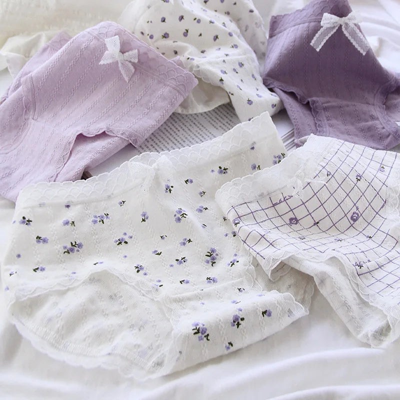 5Pcs/Set Pure Cotton Women's Panties Mid Waist Underpants Elastic Underwear Girls Floral Japanese Sexy Lace Comfort Lingerie.