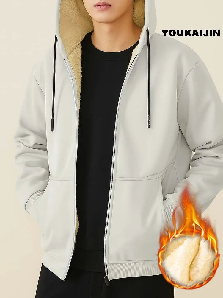 Men's Warm Fleece Hoodie Autumn Winter Sherpa Lined Full-Zip Solid Color Sweatshirt Jacket Coat.