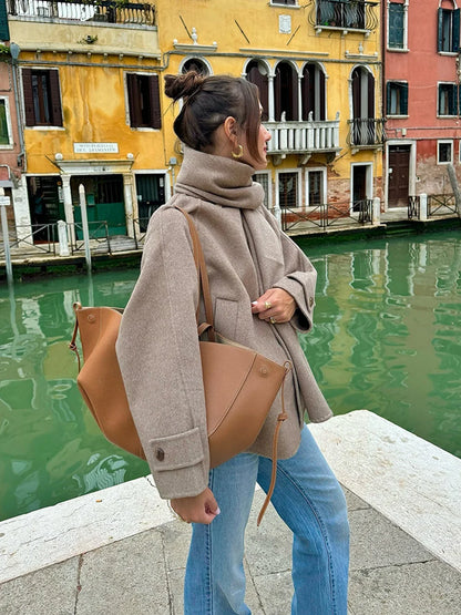 Women Fashion Brown Scarf Coat Jacket Loose Long Sleeve Single Breasted Pocket Jacket Fall/Winter Casual Wool Blend Jacket.
