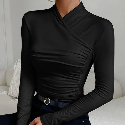 Sexy Elegant Fall Winter Long Sleeve Cross Pleated Pullover Women's Modal Solid Color Irregular Tops Street Daily Versatile Tees