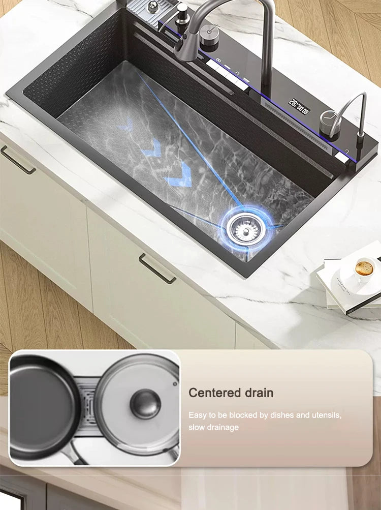 Küchenspüle, Wasserfall-Waschbecken aus Edelstahl, extra großer Einzelschlitz mit Digitalanzeige, Wasserhahn-Set für die Küche