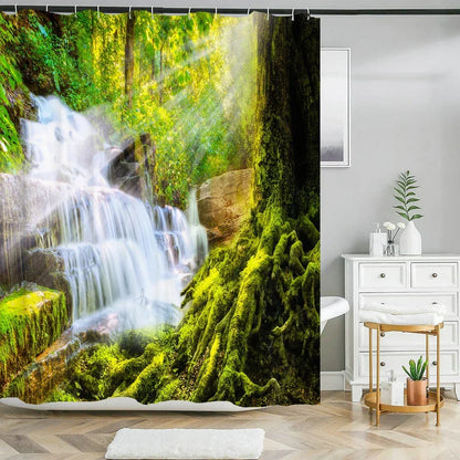 Wasserdichtes Duschvorhang-Set mit sonniger Waldlandschaft, wasserdichter Badezimmer-Toilettensitzbezug, Badewanne, rutschfeste Matte, Teppich, Baddekoration