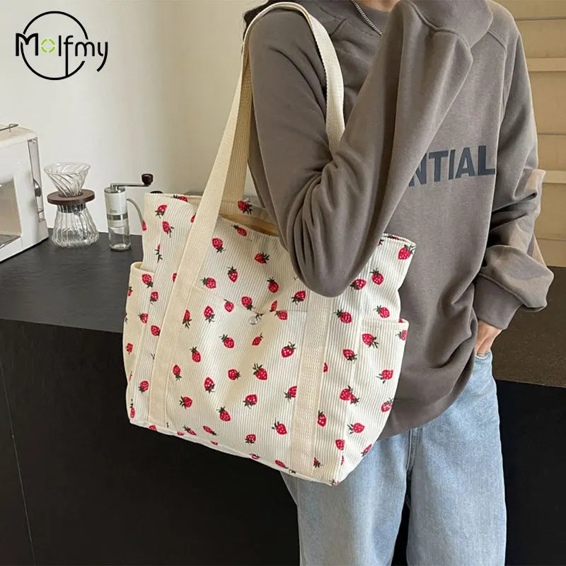 Strawberries Corduroy Handbag Sweet Women's Bag Fashionable Versatile Shoulder Bag Beautiful Simple Commuter Women's Tote Bags.