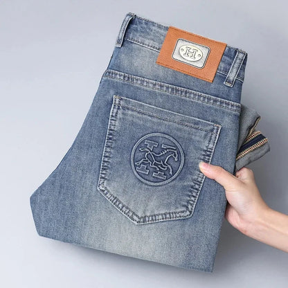 2024 Men's Fashionable Simple Stretch Slim Fit Denim Trousers European Style High Quality Casual Export Men Pants