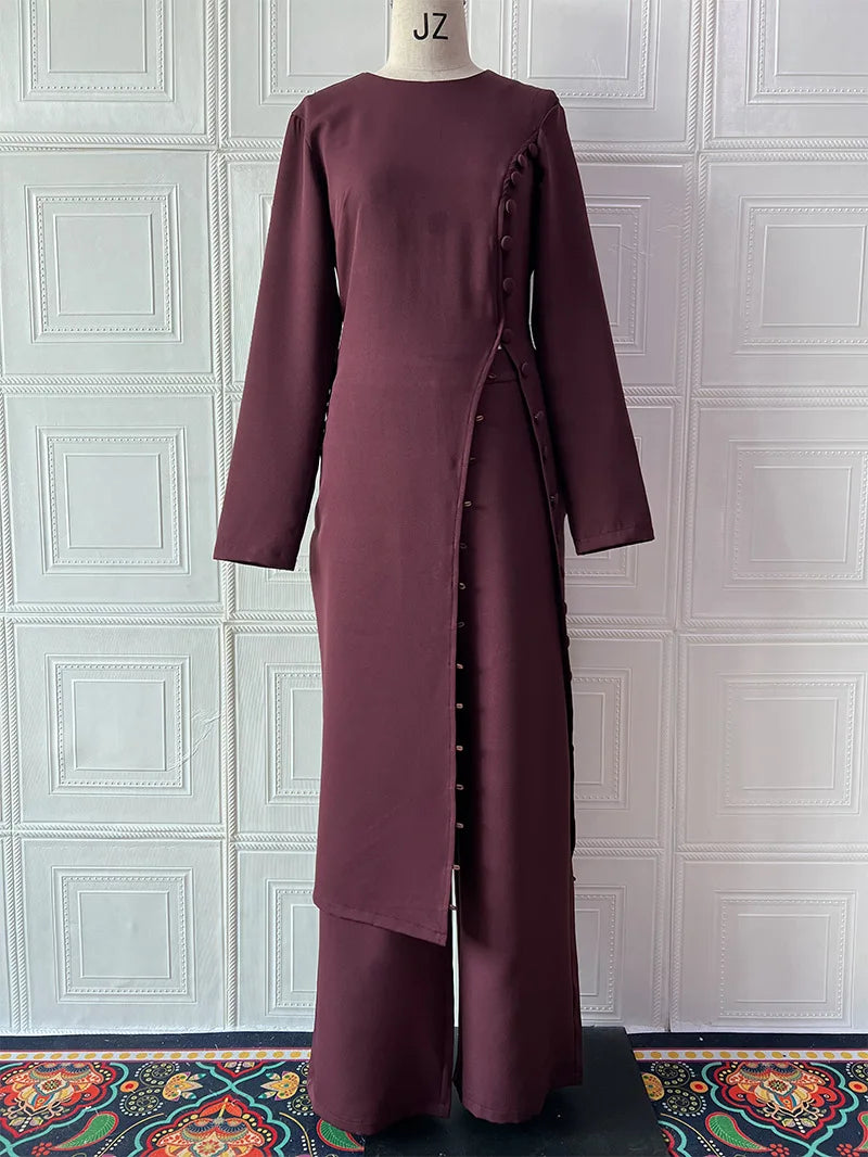 Two Piece Set Women Long Robe Top Wide Leg Pants Suit Ramadan Morocco Dubai Islam Casual Ensemble Femme Muslim Arabic Outfits.