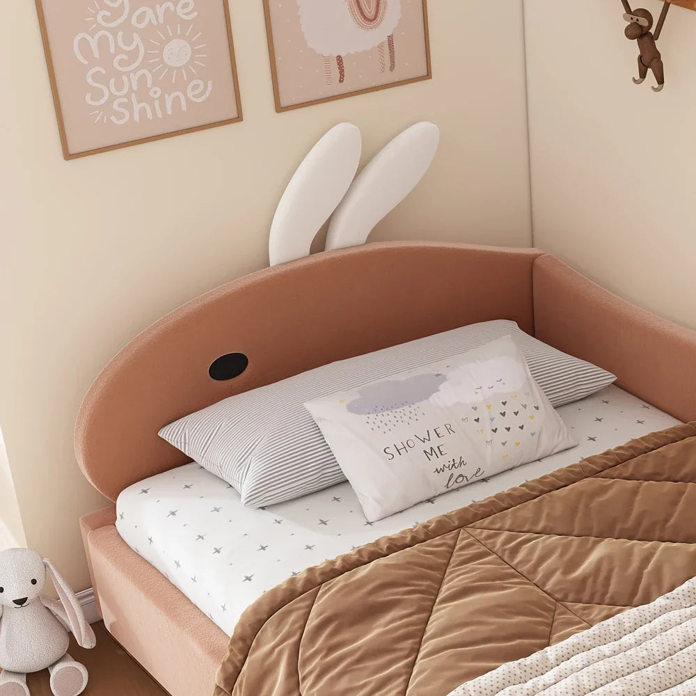 Polsterbett, Einzelbett, Babybett, niedlicher Hasenkopf, hydraulisches Bett mit Stauraum, erhöhter weicher Zaun, Samt, rosa + weiß, 90 x 200 cm