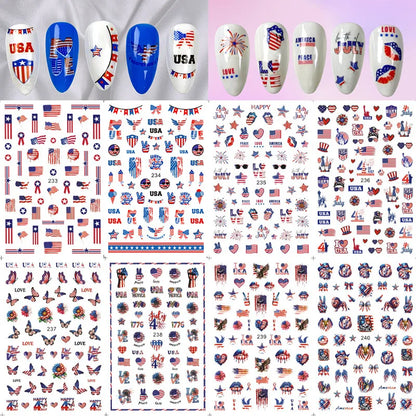 8Pcs/Set 3D USA Independence Day Nail Stickers America Flags Design Self-Adhesive Nail Art Decals DIY Manicure Decor Sliders &#.