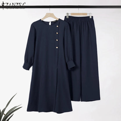ZANZEA Muslim Abaya Suit Elegant Women Matching Sets Fashion Long Shirt Tops & Wide Leg Pants Ramadan Outfits Urban Tracksuits.