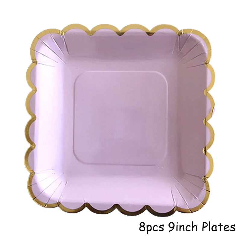 Purple Gold Party Paper Cup Plate Straw For Birthday Carnival Kids Favors Wedding Decor Disposable Tableware Party Supplies.