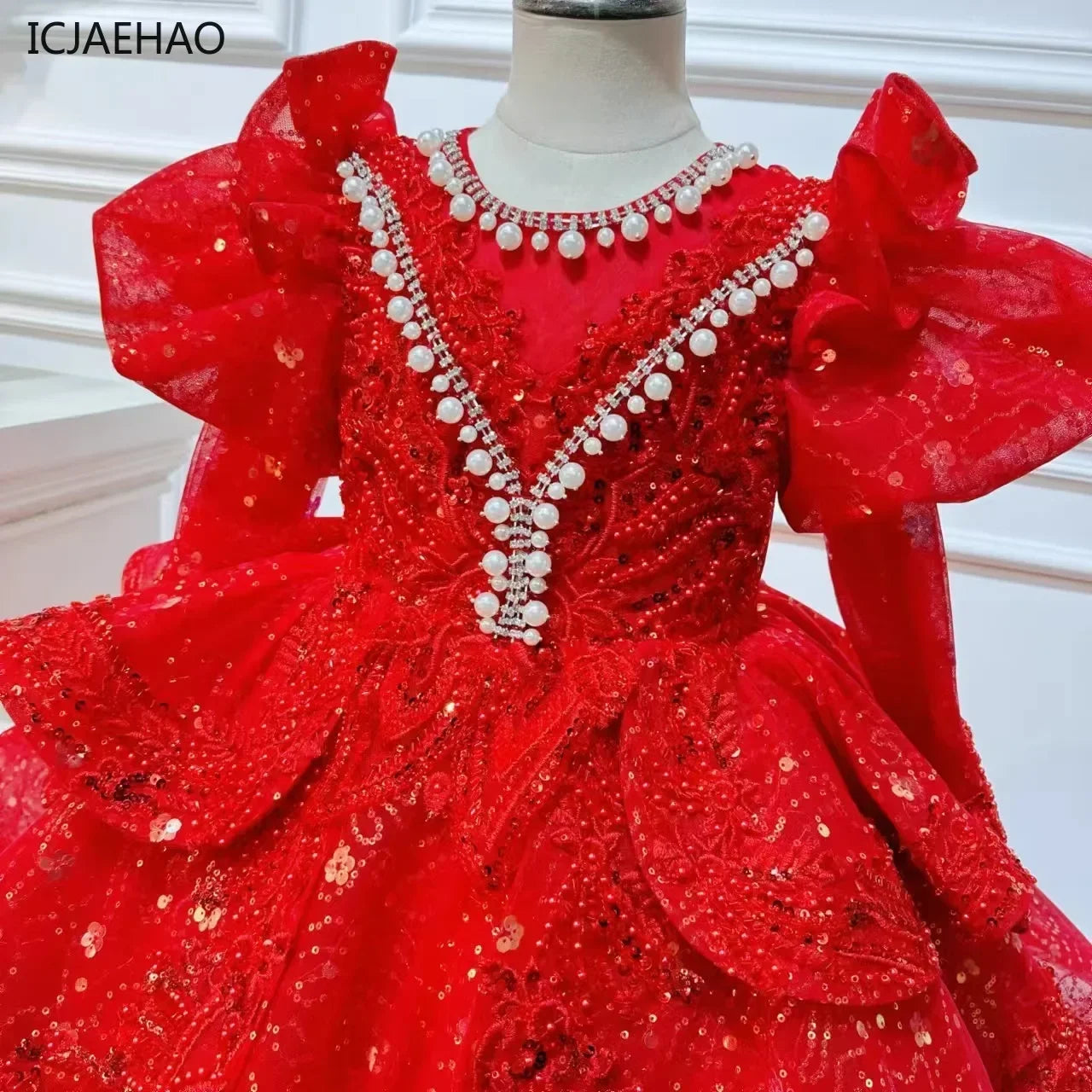 2025, Kinderkleid, Performance-Outfit, Mädchen, Blumen-Pailletten, geschwollenes Kleid, rote Partykleidung, Kinder, Mädchen, Geburtstag, Prinzessinnenkleider, glitzernd.