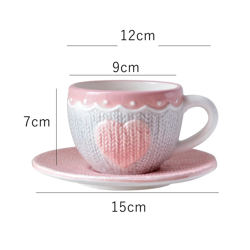 250ml Ceramic Tea Cup And Saucer Set Kawaii Bowknot Coffee Cup Dish Pink Wool Knitting Mug Microwave Safe.