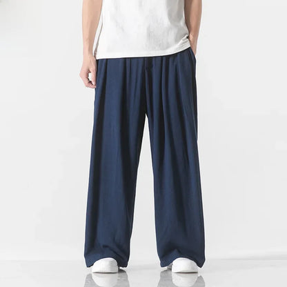 Hanfu Spirit Draped Linen Pants For Men Straight-leg Casual Trousers Chinese Style Loose-fit Ancient Wide-leg Song Trousers
